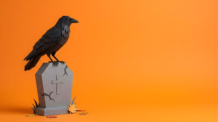 Naklejka premium Minimalist Halloween papercraft crow perched on a tombstone with autumn leaves and orange copyspace