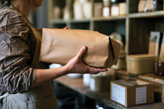 An artisan carefully holds a wrapped package, showcasing the importance of presentation and detail in handcrafted goods within a positively charged workshop atmosphere.