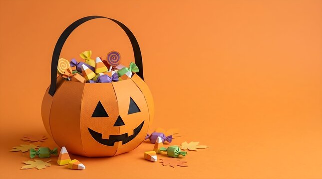 Handmade paper pumpkin bucket filled with Halloween sweets and treats with orange background and copyspace
