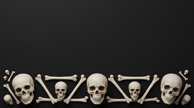 A row of human skulls and bones arranged on a dark black background creating a spooky halloween themed border design