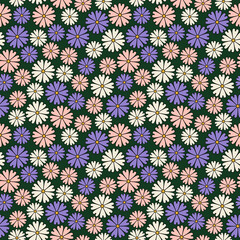 Colorful cosmos blossom, Seamless floral pattern with colorful cosmos blossom flowers on dark green background for textile design, clothing, carpet, wallpaper, fabric,graphic. © PRANG.wrr