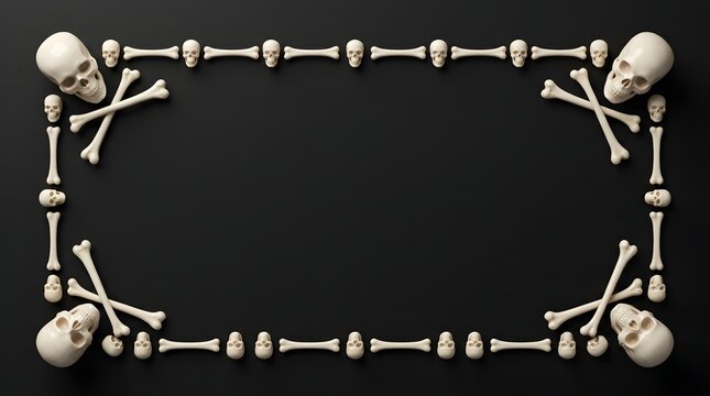 A rectangular frame made of human skulls and bones arranged on a black background for a spooky halloween design