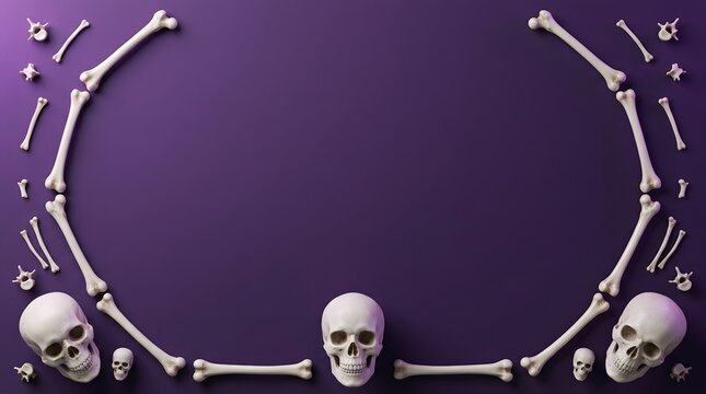 A festive halloween border frame made of human bones and skulls arranged on a dark purple background with copy space