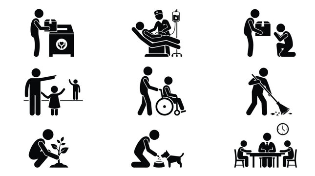 Social volunteer icons set showing various charitable activities in simple black flat vector graphic design style