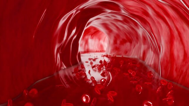 Dynamic flow of red blood cells through artery wall, showing internal human body function for medical reference, educational tools, and biological visuals, 3D Rendering
