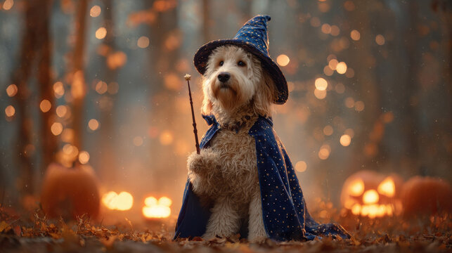 Dog dressed as wizard holding magic wand