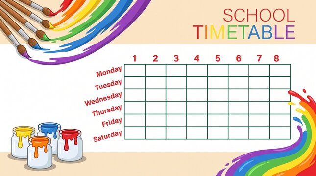 Blank school timetable template with colorful paint brushes and paint jars for children educational use
