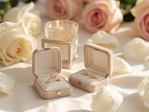 elegant open velvet jewelry boxes with gold rings on lace tablecloth, soft beige and white roses in background, close up