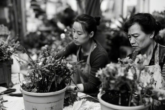 Two women focus on floral arrangements, showcasing their dedication to craft and artistry in a vibrant flower shop setting filled with greenery and various flowers.