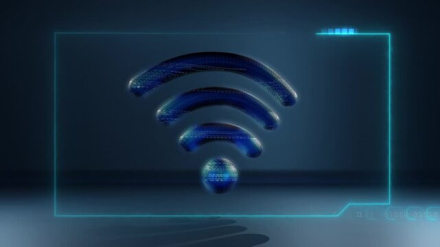 Animation 3d icon wifi digital data information tranfer system technology on dark blue background.HD video.