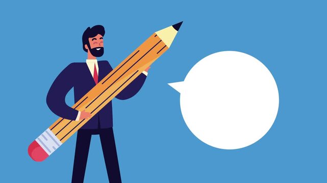 Businessman holding giant pencil with speech bubble on blue background, creative professional concept animation in flat style.