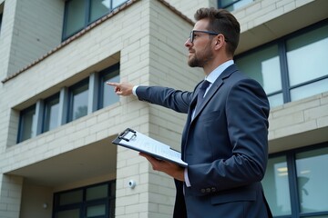 Fototapeta premium Security Expert Analyzes Building Facade for Potential Vulnerability with Clipboard in Hand