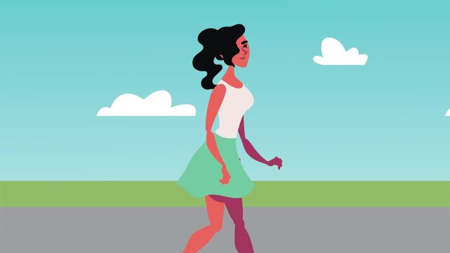 Graceful woman in casual attire walks confidently on urban path, showcasing elegant stride and vibrant style with blue sky background.