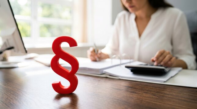 Red paragraph symbol on desk representing legal or editing concepts