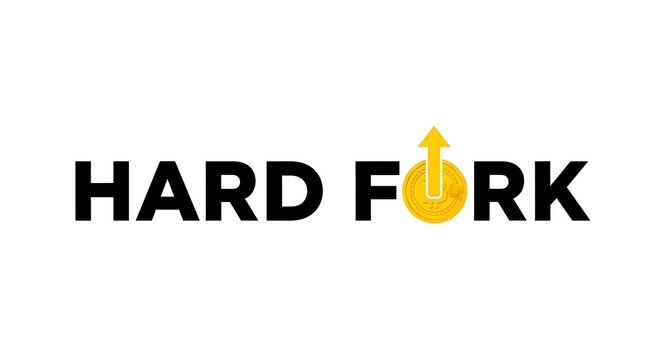 Bold Hard Fork Text with Yellow Coin Arrow Symbol on White Background