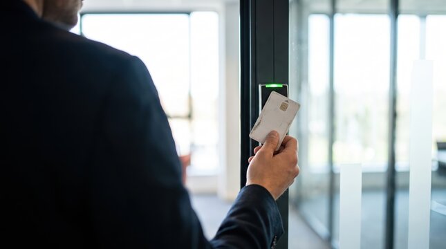 Businessman Unlocking Office Door Using RFID Keycard for Access Control System Security. Concept of rfid card, card reader, electronic lock, smart lock, hand holding. Copy space.