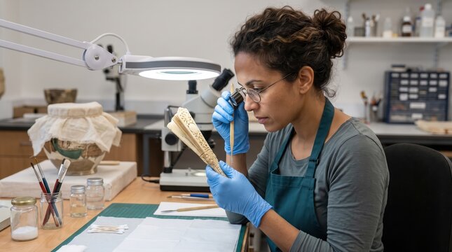 Art conservator carefully inspecting antique carved ivory object using magnifying loupe in laboratory workspace. Concept of material, inspection, restoration, antique inspection, museum laboratory.