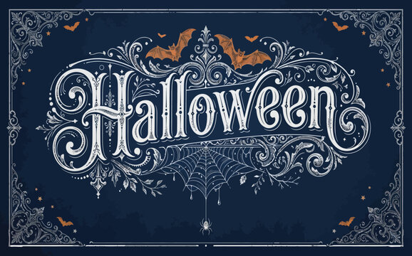 Elegant halloween chalkboard lettering with pumpkins and ornate decorative flourishes