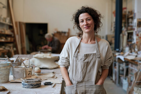 A woman potter poses with a delightful smile in her workspace filled with pottery supplies, emphasizing the joy and beauty of creation in a vibrant artistic environment.