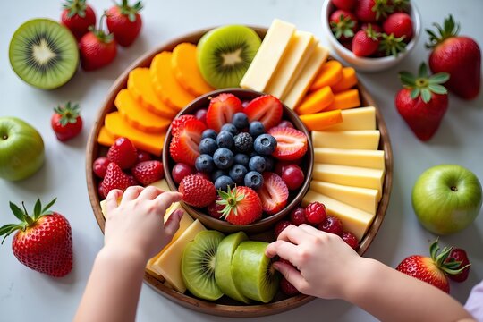 Delightful Overhead View of a Colorful Snack Platter: Little Hands Reaching for Healthy Fruits and Cheese, Celebrating the Joy of Nutritious Eating