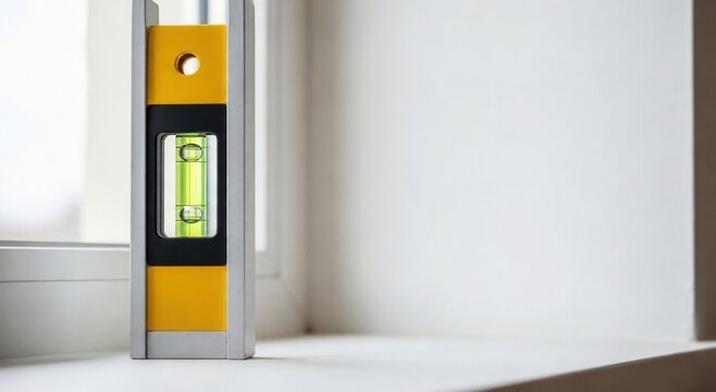 Close Up Of A Yellow And Silver Construction Bubble Level Tool Resting On A White Surface Near A Window