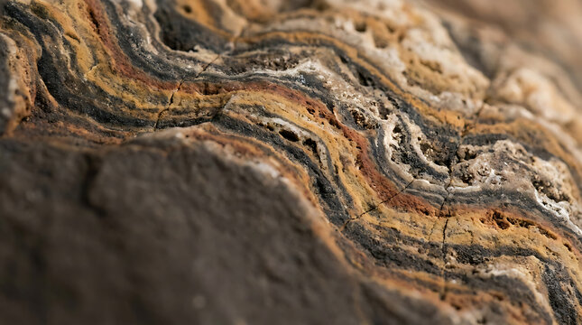 Macro view of layered mineral strata in a weathered rock surface
