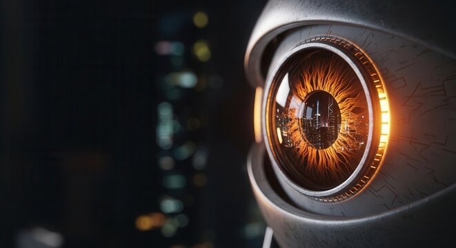 Advanced Robotic Eye With Glowing Orange Iris Reflects City Lights In Futuristic Dark Technological Environment