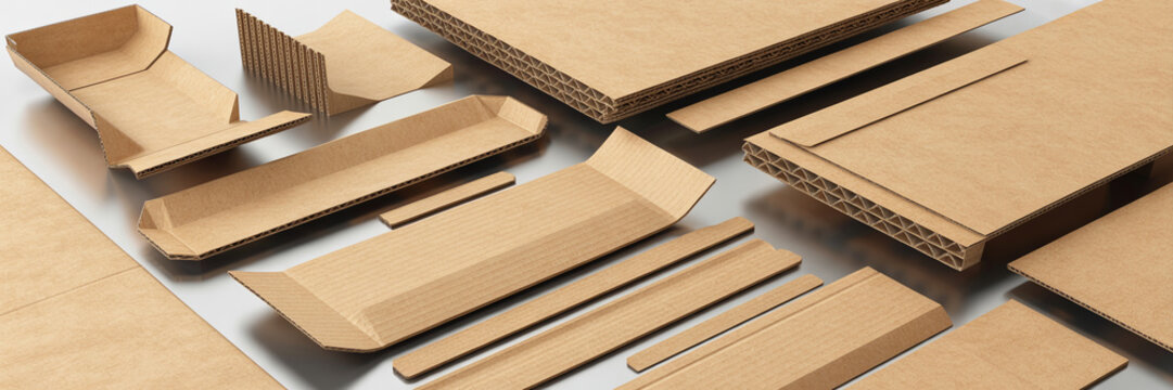 Brown cardboard box packaging prototypes, corrugated material sheets and paper folding design concepts, eco-friendly shipping container assembly stages