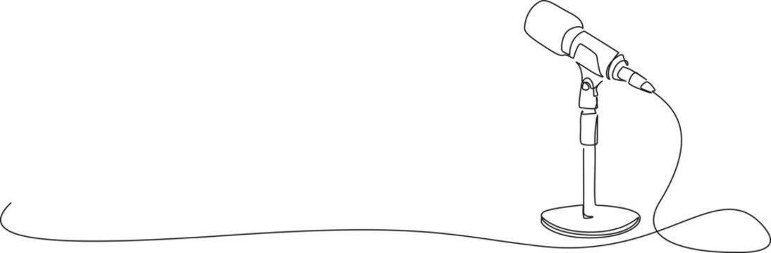 continuous line drawing of a microphone on a desktop stand with copy space. podcasting and audio recording concept, line art vector illustration