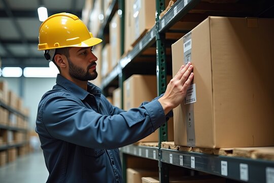 Close-Up of a Warehouse Worker Methodically Inventorying Overhanging Shelves, Emphasizing Safety and Organization in a Dynamic Logistics Setting.