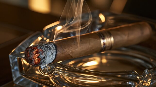 Un cigare cubain se consume lentement sur un cendrier en cristal