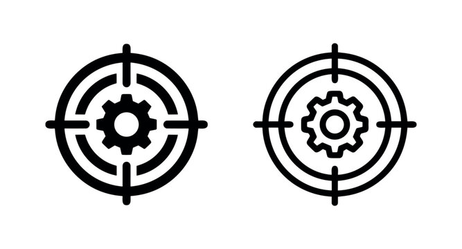 Target with gear icon set. Settings, goals, precision, and efficiency symbol in solid and outline vector style.