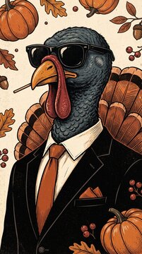 Dapper turkey gentleman wearing sunglasses and enjoying a lollipop in a vintage Thanksgiving illustration