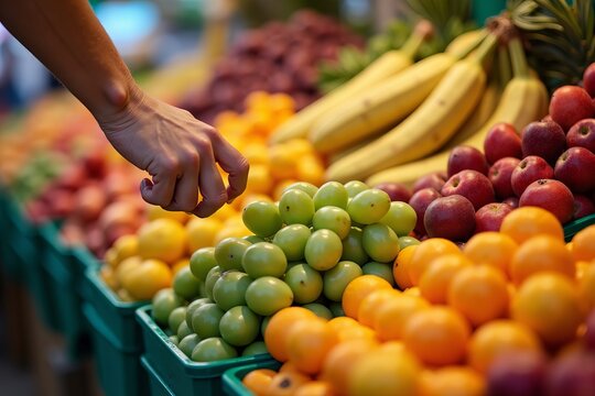 Vibrant Market Stall: A Hand Reaches for a Fresh Assortment of Colorful Fruits