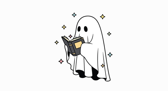 Cute cartoon ghost reading a magical book.eps