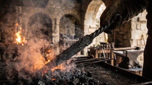Blacksmith forging a ceremonial blade in hot fire and smoke inside a medieval stone workshop. Concept of blackened, forge, sword. Copy space.