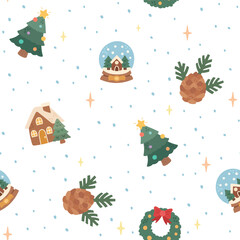 Naklejka premium Christmas seamless pattern set featuring tree wreath house pine cone snow ball star holiday winter decoration season ornament celebration wallpaper