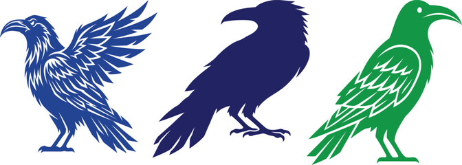 Naklejka premium A collection of three stylized crow and raven illustrations in blue and green colors on a white background