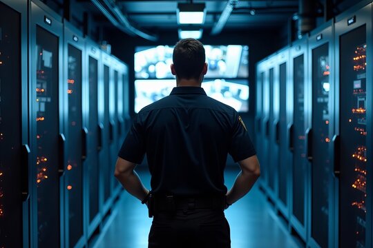 Confident Security Guard Oversees High-Tech Server Room, Vigilantly Monitoring Surveillance Screens Amid Rows of Blinking Servers