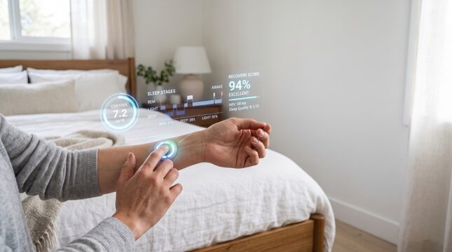 Person interacting with holographic biometric interface on wrist. Bedroom setting displays quantified self data for health monitoring.