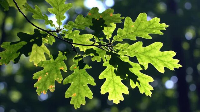 Sunlit oak tree leaves blowing gently in the wind, nature and the environment