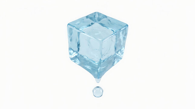 Melting Ice Cube with Droplet: A clear, blue ice cube with visible internal fractures melts slowly, forming a single droplet of water that hangs precariously below.