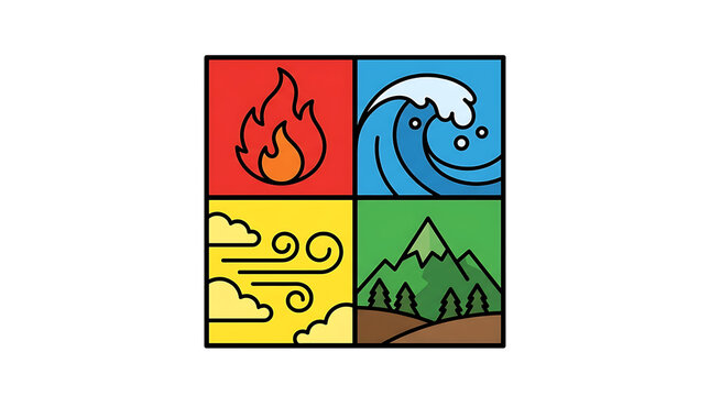 Four Elements: A vibrant illustration depicting the four classical elements - fire, water, air, and earth - within a grid of colorful squares, symbolizing natural forces.