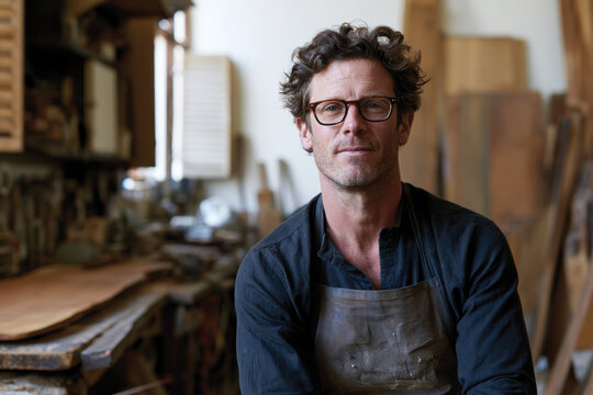 A craftsman wearing glasses sits in a workshop, showcasing dedication and creativity. The background highlights woodworking tools and artistic elements in an inspiring environment.
