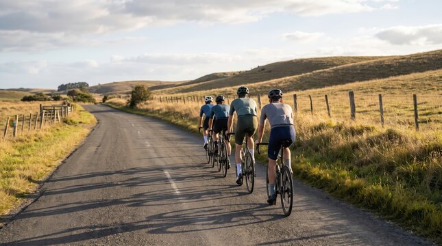 Row of cyclists riding road bikes on a quiet country road during a sunny day. Concept of maintaining, synchronized, spacing, road cycling, group of cyclists, cycling team. Copy space.