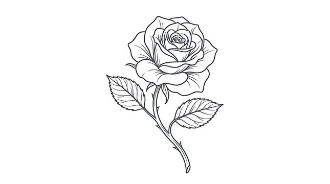 Black and white line art illustration of a blooming rose