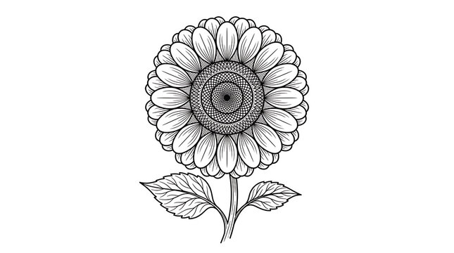 Black and white line drawing of sunflower with leaf