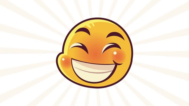 Animated grinning yellow emoji character with blushing cheeks against white sunburst background in motion graphics style.