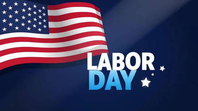 Animated US flag waving next to Labor Day text on blue background