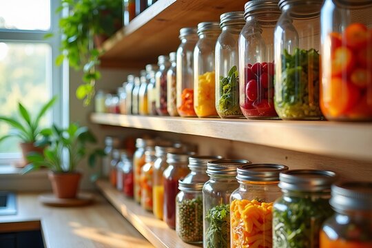 Vibrant Pantry Display: Neatly Organized Jars and Containers of Heart-Healthy, Low-Sodium Foods Accented by Lush Greenery and Stylish Kitchen Decor